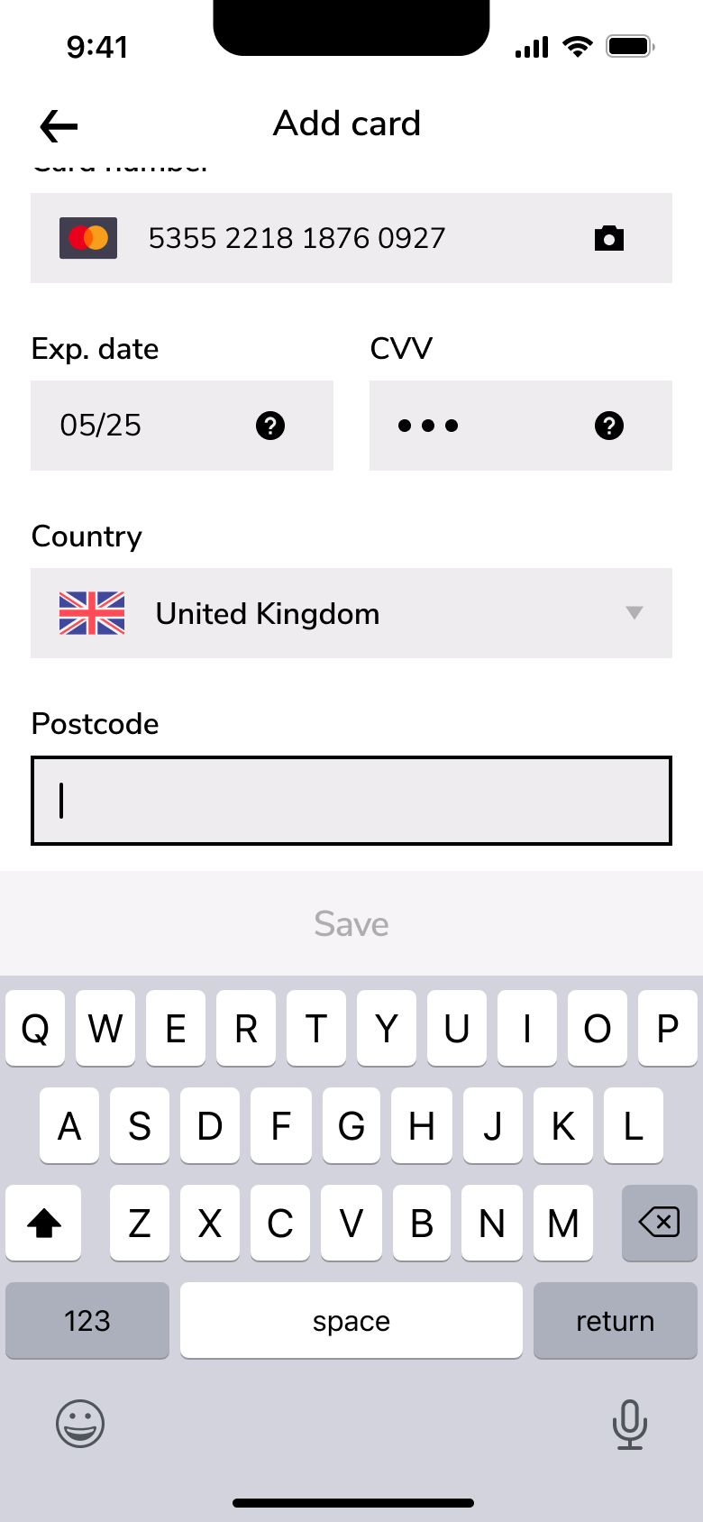 Postcode field focused with keyboard.
