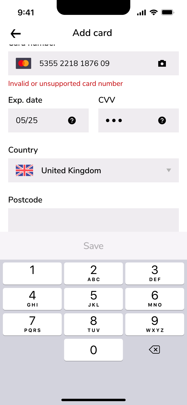 Invalid or unsupported card number error.