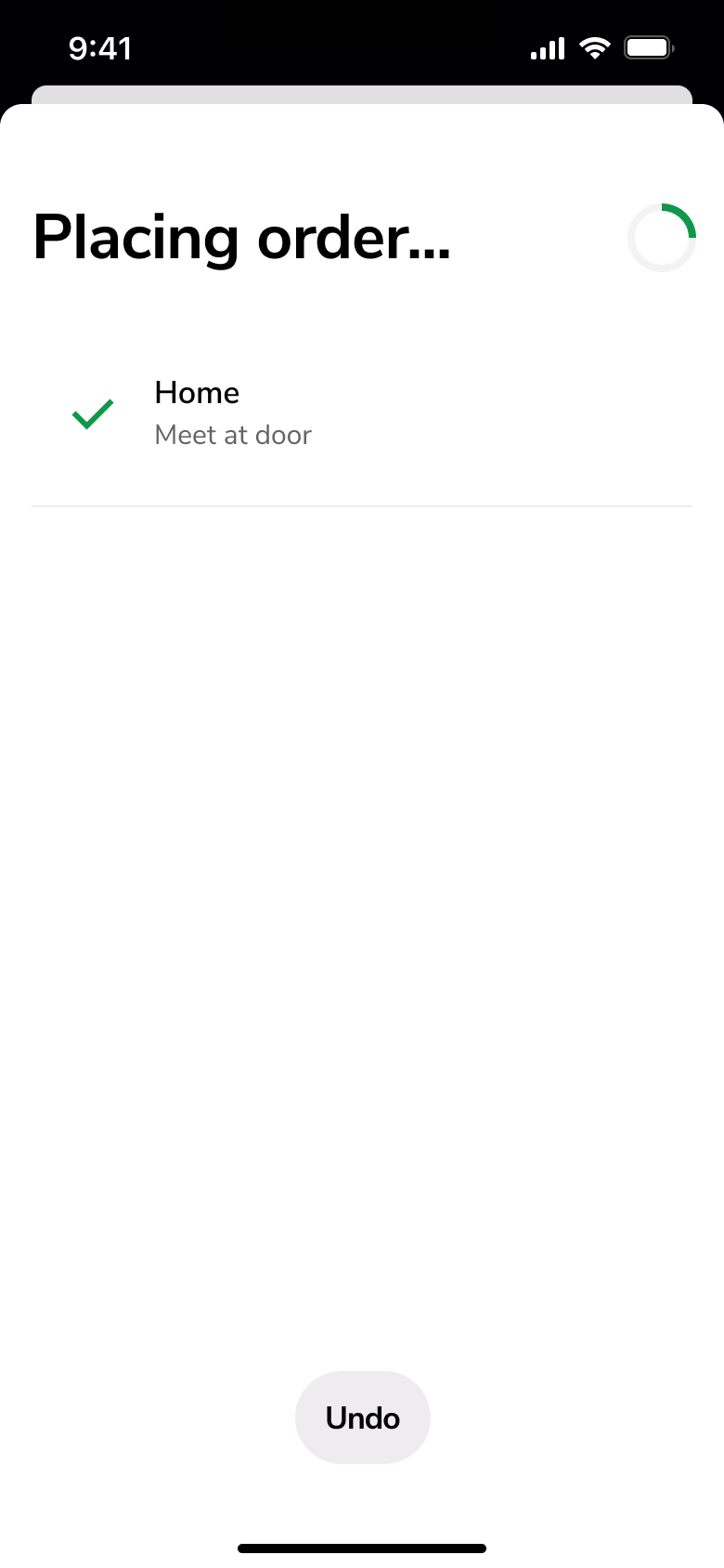 Placing order progress with address step ticked and undo button.