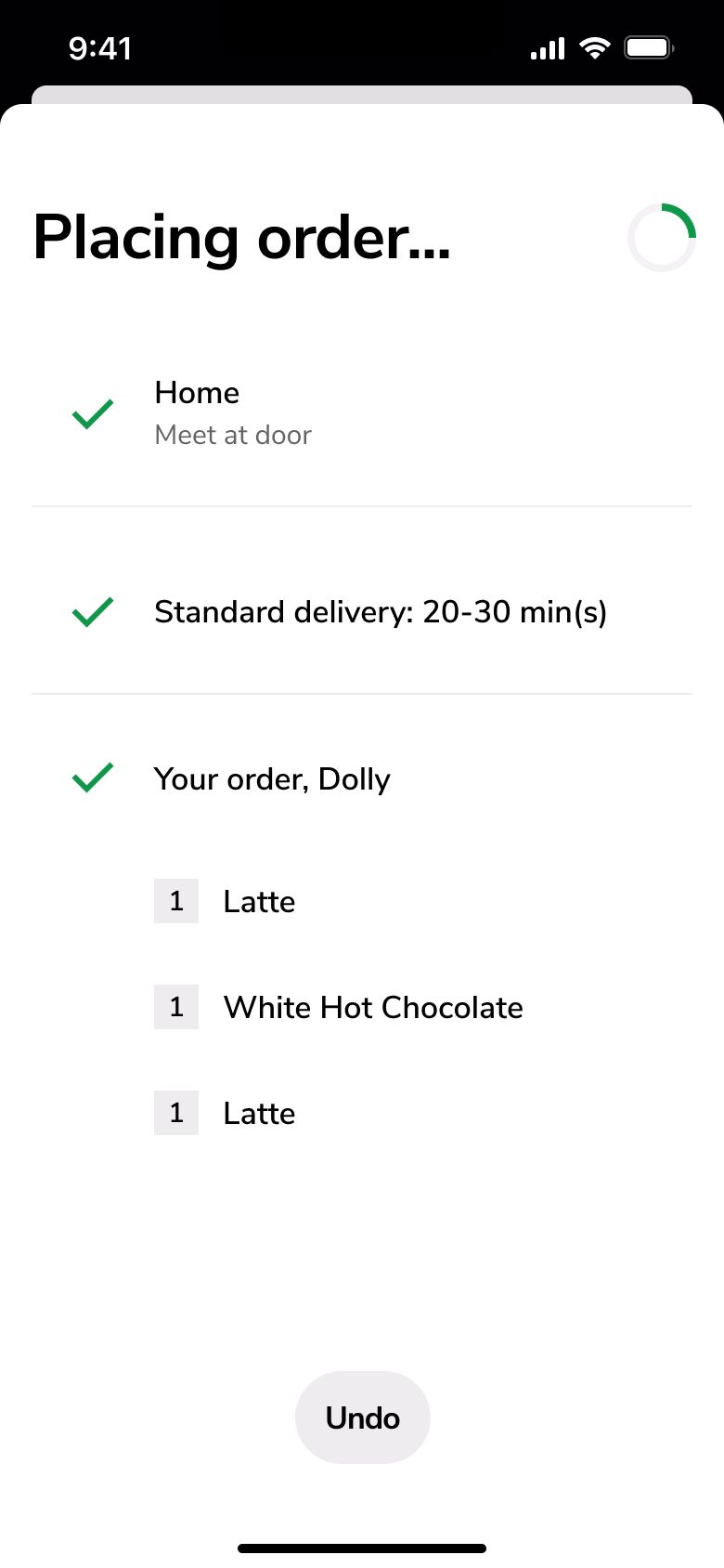 Placing order with order items listed.