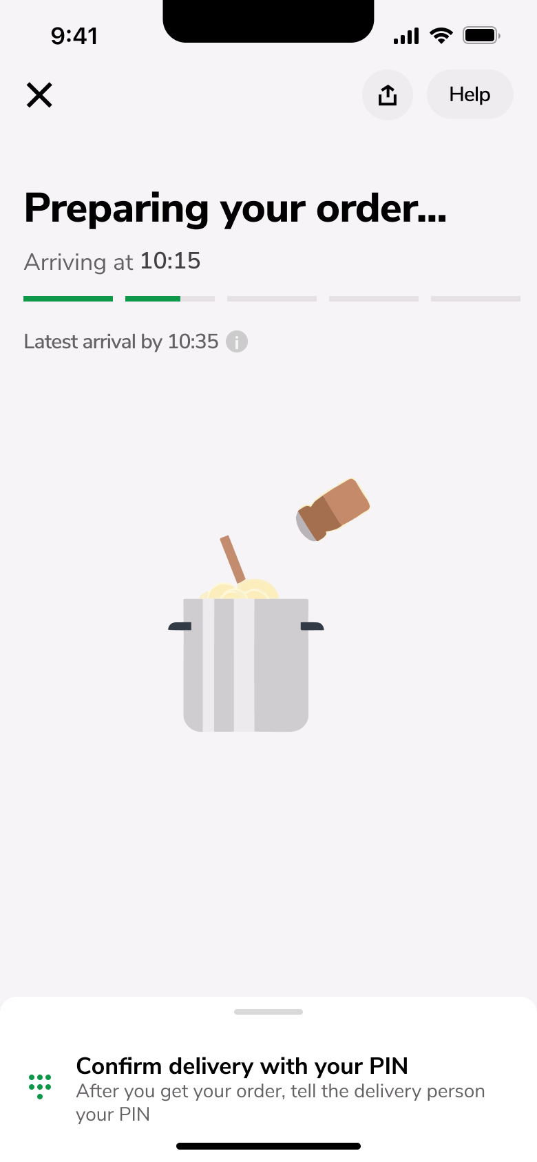 Preparing your order: arrival time, progress bar and illustration.