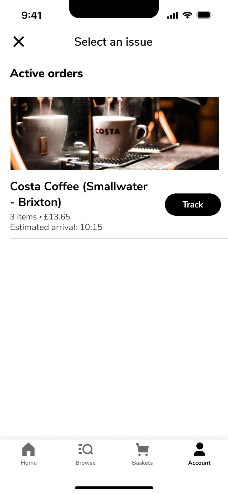 Select an issue with active order card and track button.