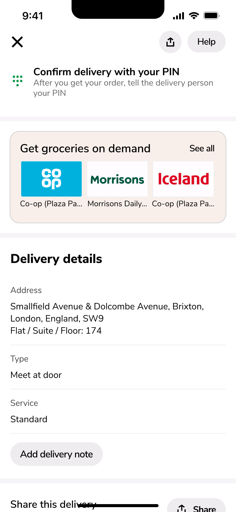 Order tracking scrolled: groceries promo, delivery details and add delivery note.