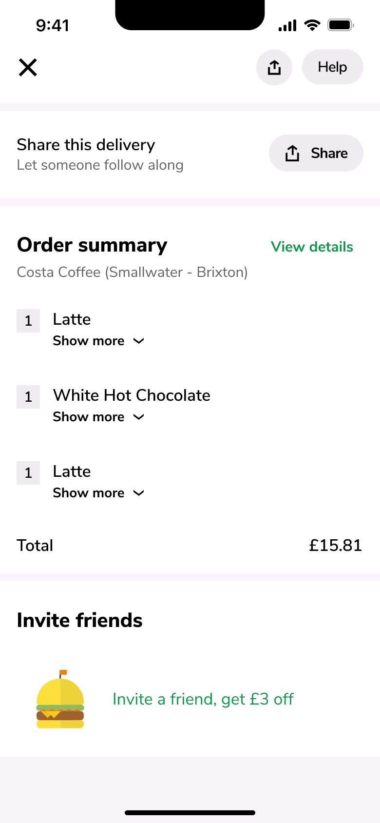 Order tracking: share delivery, order summary and invite friends.