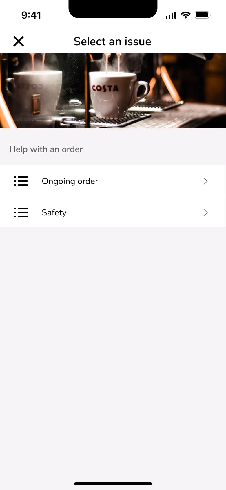 Select an issue: help with an order, ongoing order and safety.