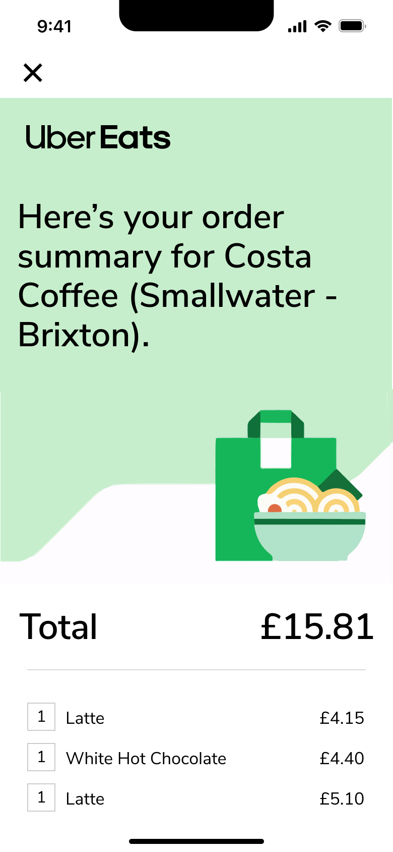 Order summary receipt with total and items.