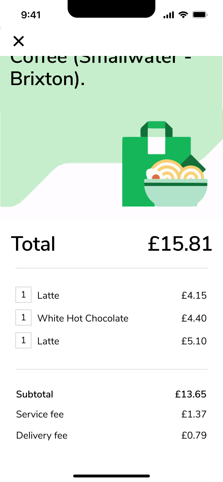 Order summary receipt scrolled: items, subtotal and fees.