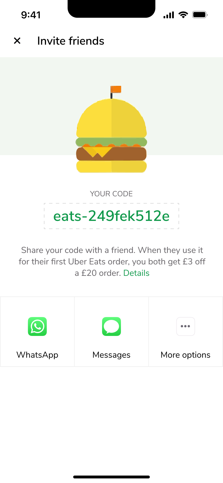 Invite friends: referral code with share via messaging apps.