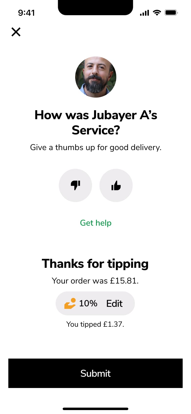 How was the courier's service: thumbs rating, tip summary and submit.