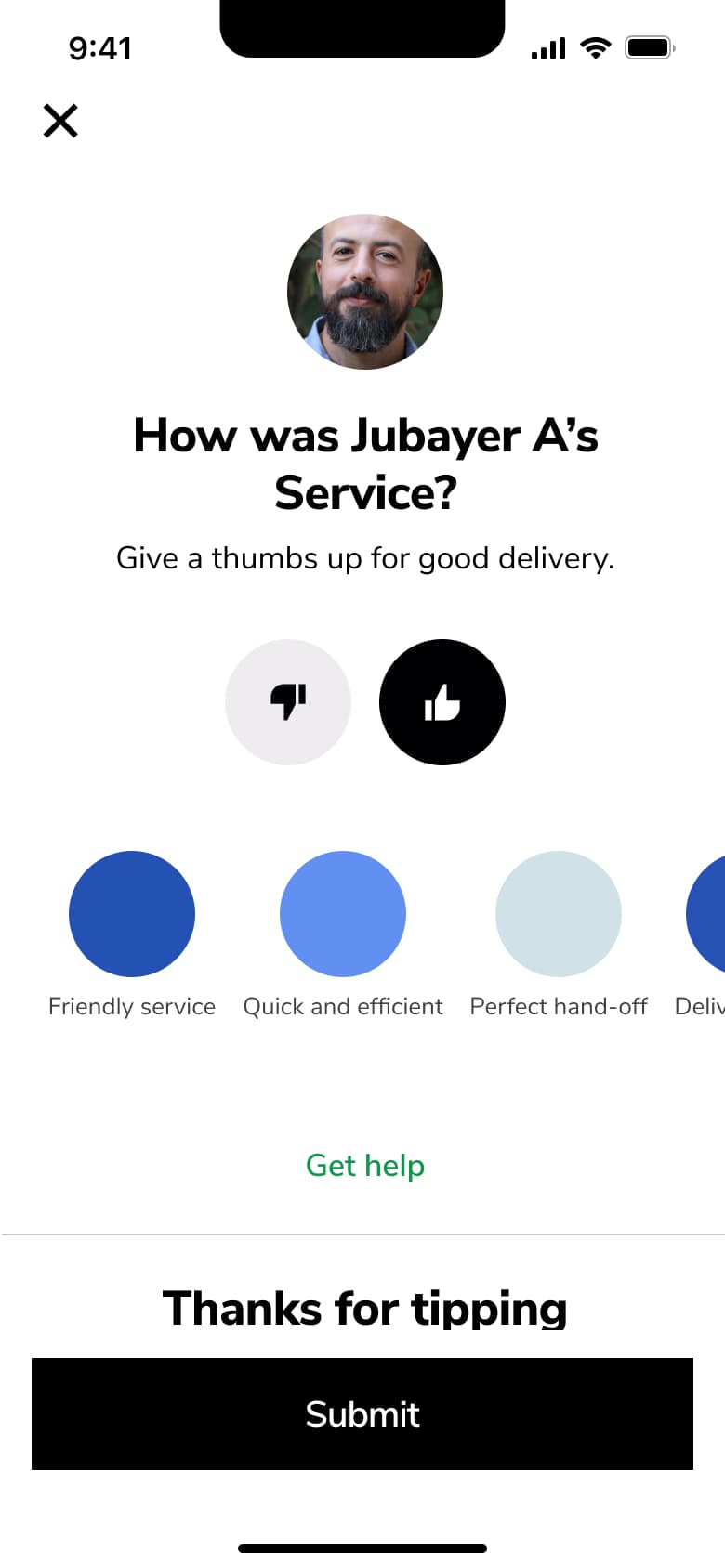 Thumbs up selected with compliment badges shown.