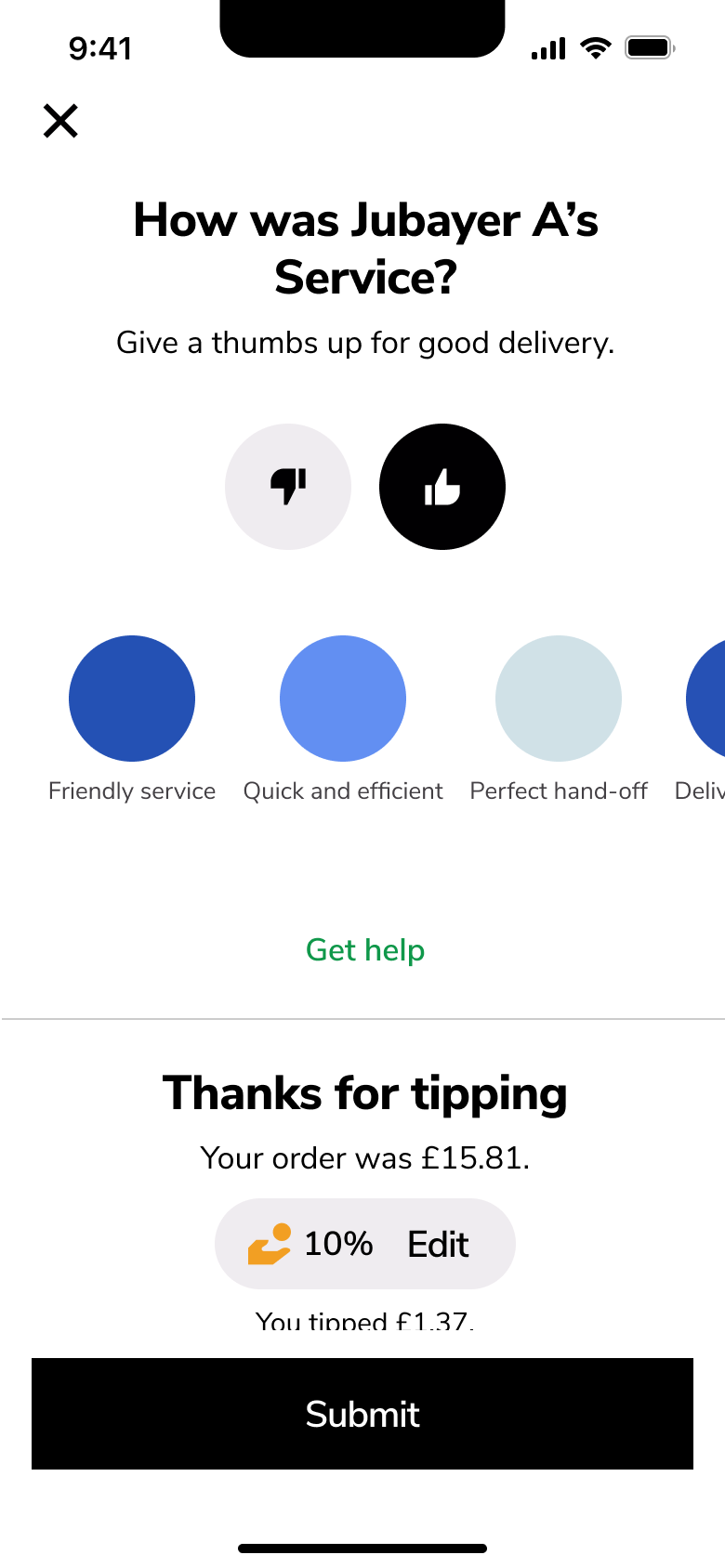 Courier rating with compliment options.