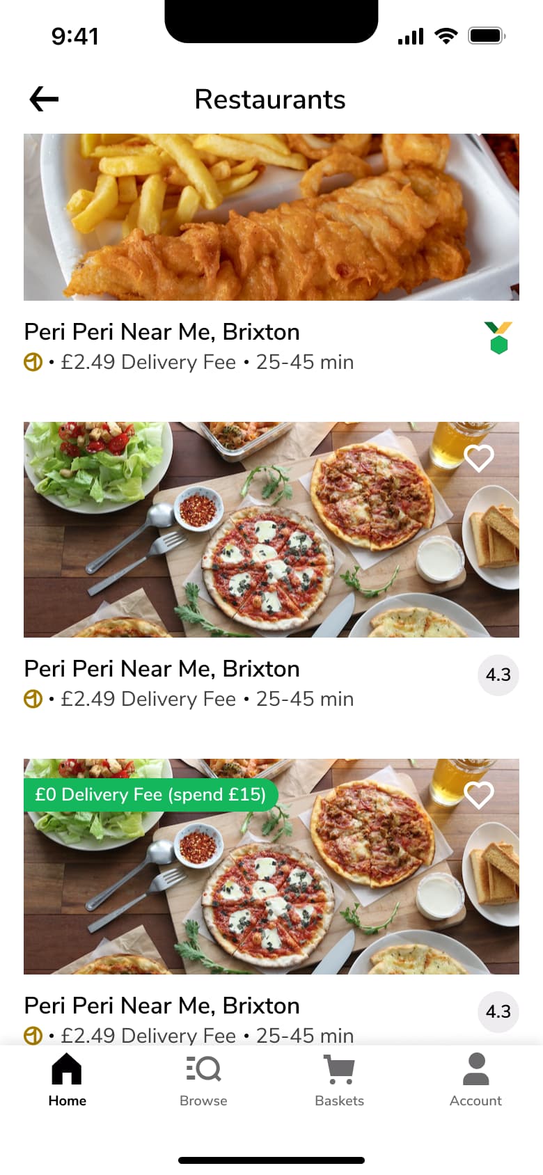 Restaurant cards list with delivery fee offer badges.