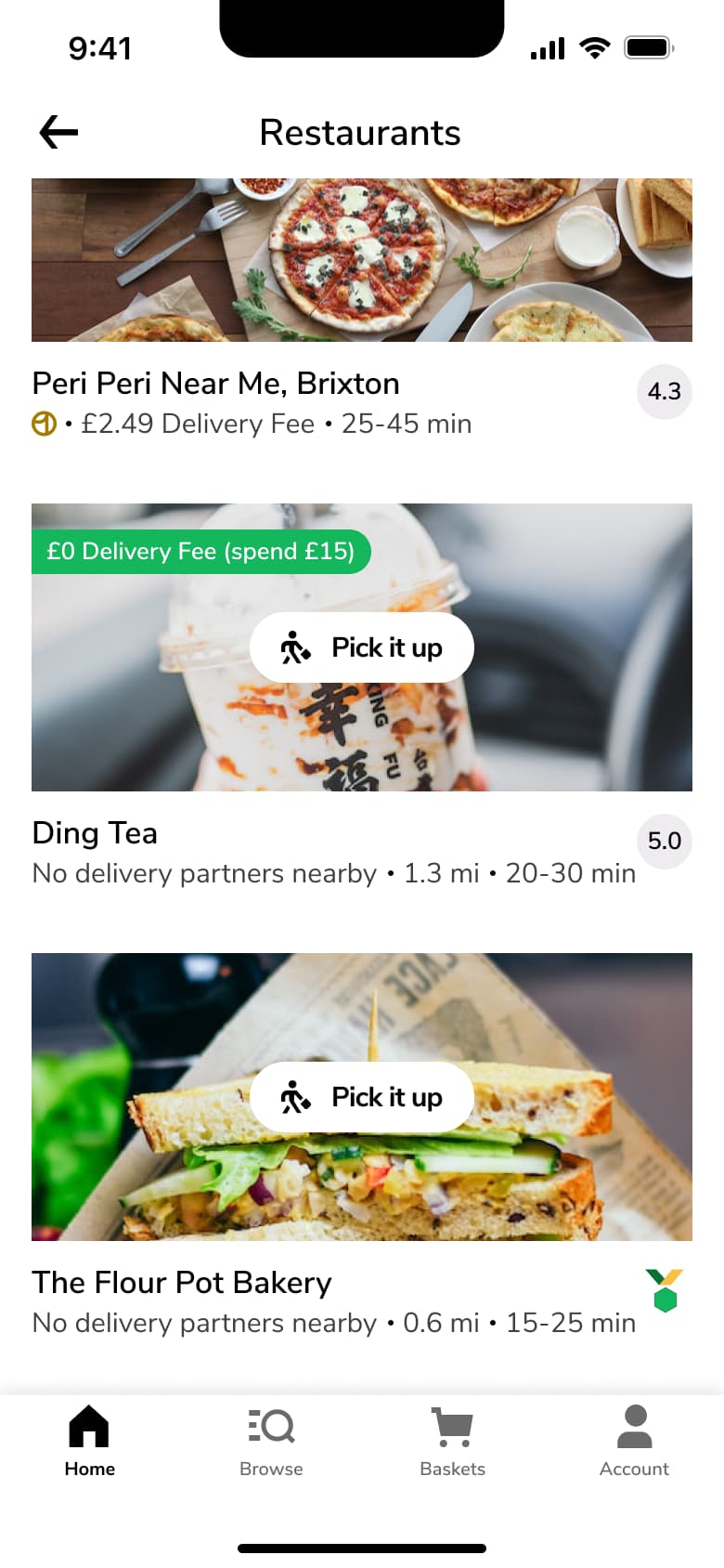 Restaurant list with pick it up option for far stores.