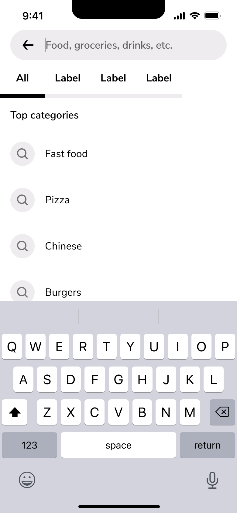 Search with top categories and keyboard.