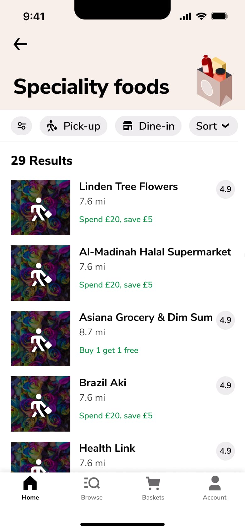 Speciality foods with filter chips, sort and results list.