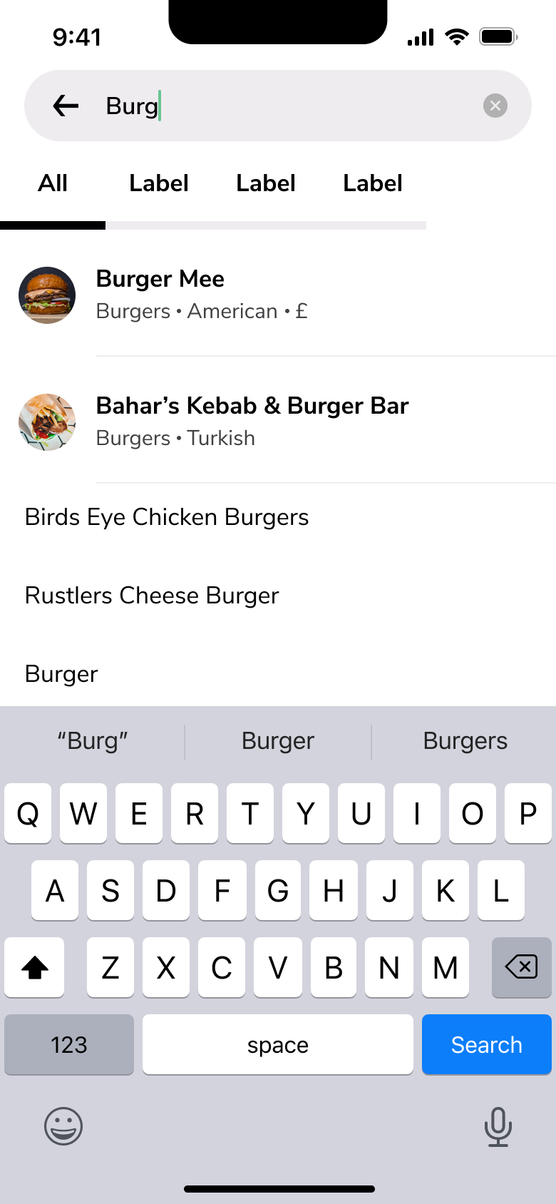 Search autocomplete for a typed query: stores and dish suggestions.