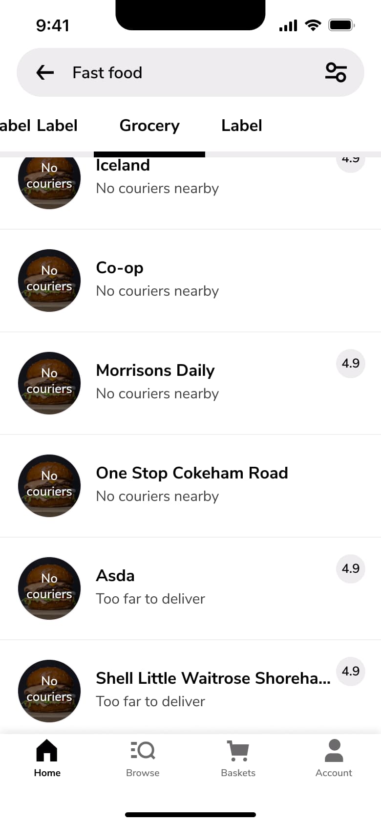 Grocery tab of search results, no couriers nearby.