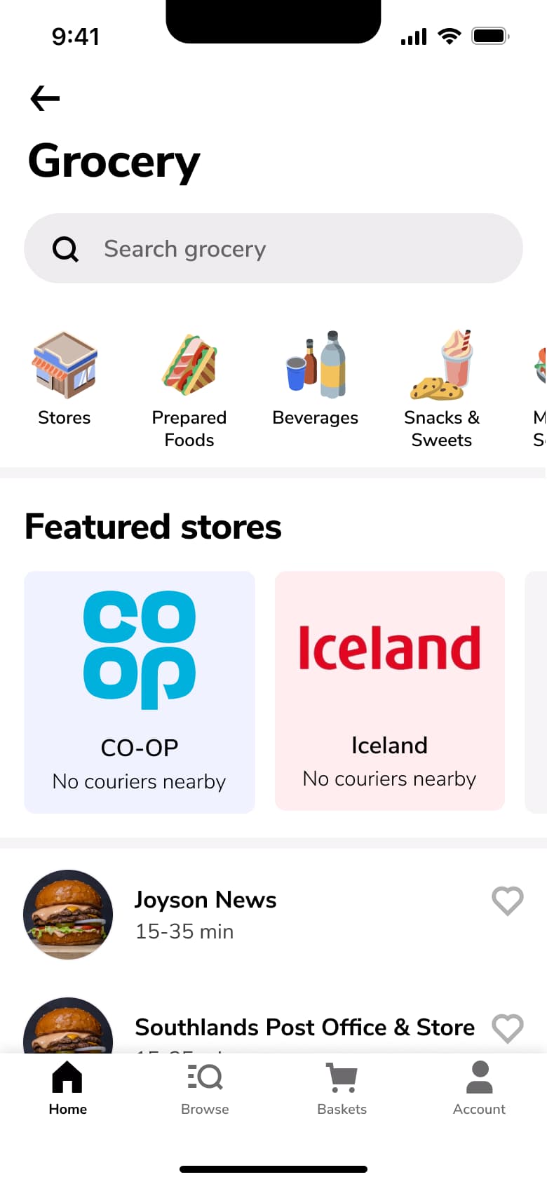 Grocery category: search, subcategory tiles, featured stores and store list.
