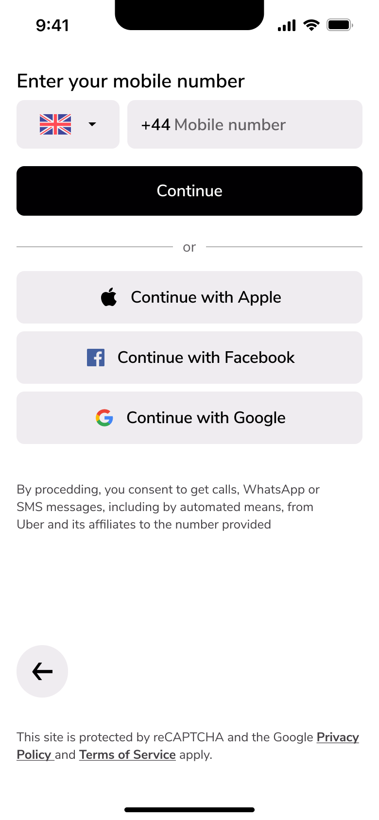 Enter your mobile number with country code, continue and social sign-in options.