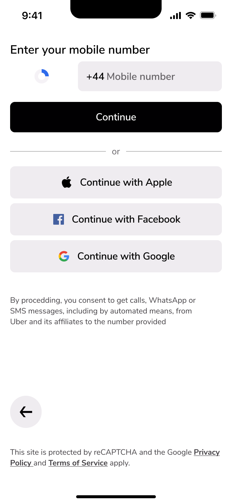 Mobile number entry with loading indicator on country code.
