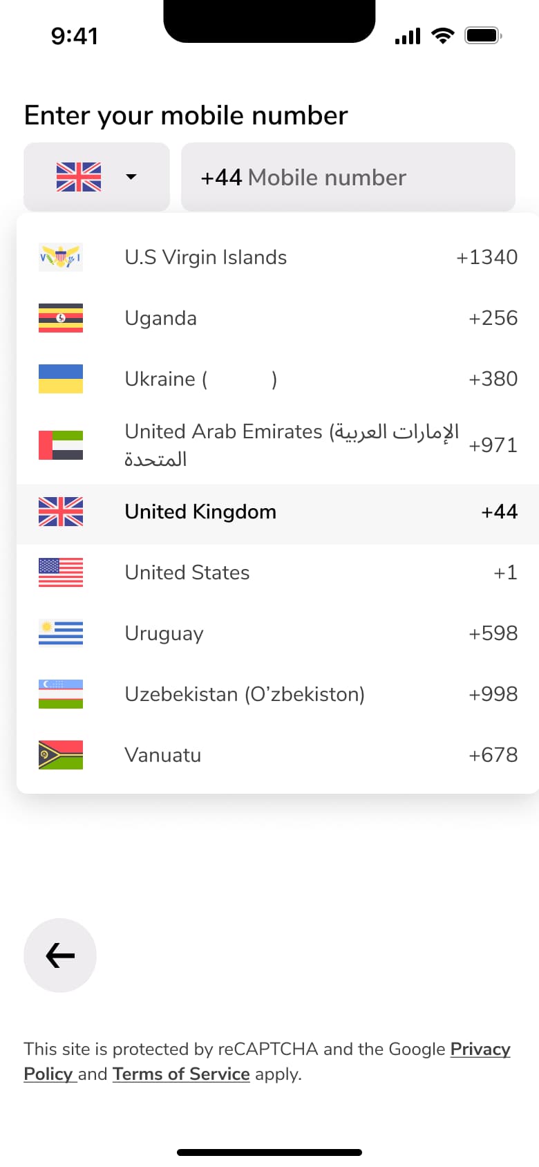 Country code dropdown list with flags and dialling codes.
