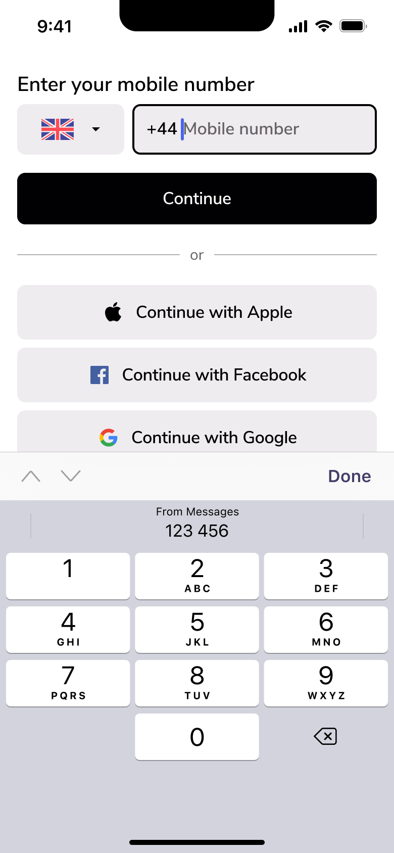 Mobile number field focused with keypad and autofill suggestion.