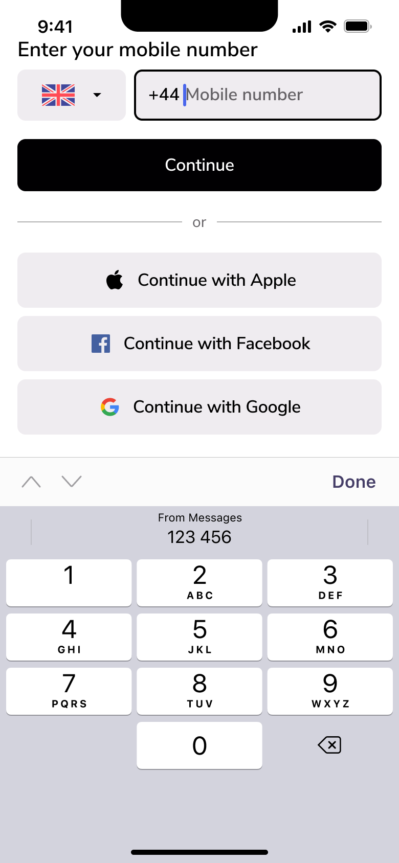 Mobile number field active with country code.