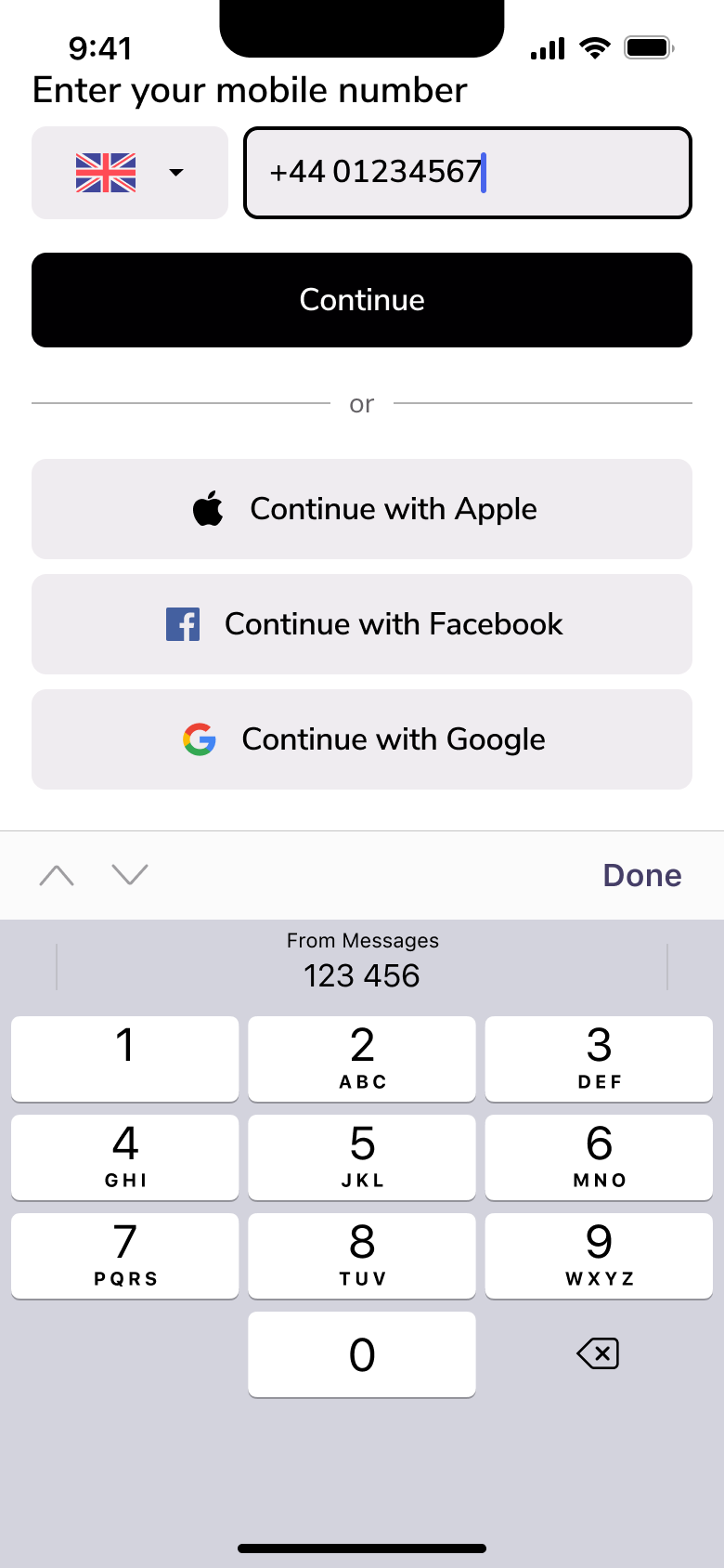Mobile number entered with continue.