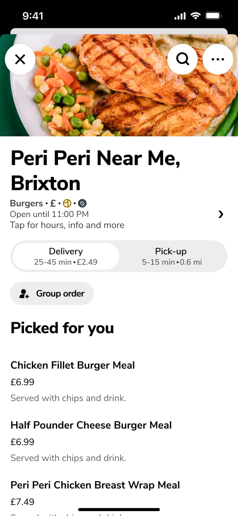 Restaurant page: hero photo, name, cuisine, hours, delivery or pick-up toggle, group order and picked-for-you items.