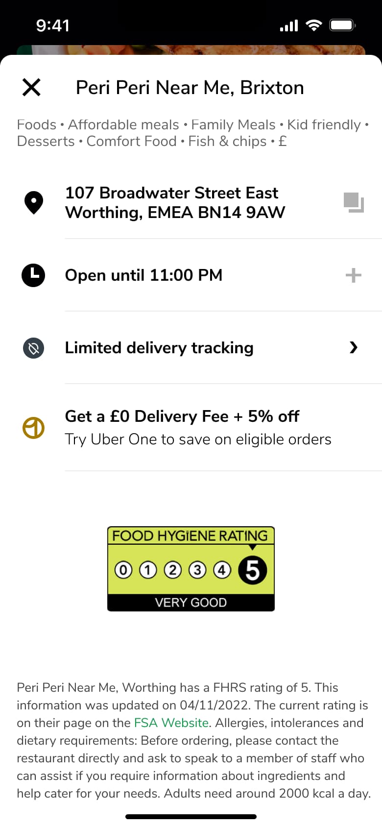 Store info scrolled to food hygiene rating and allergen notes.