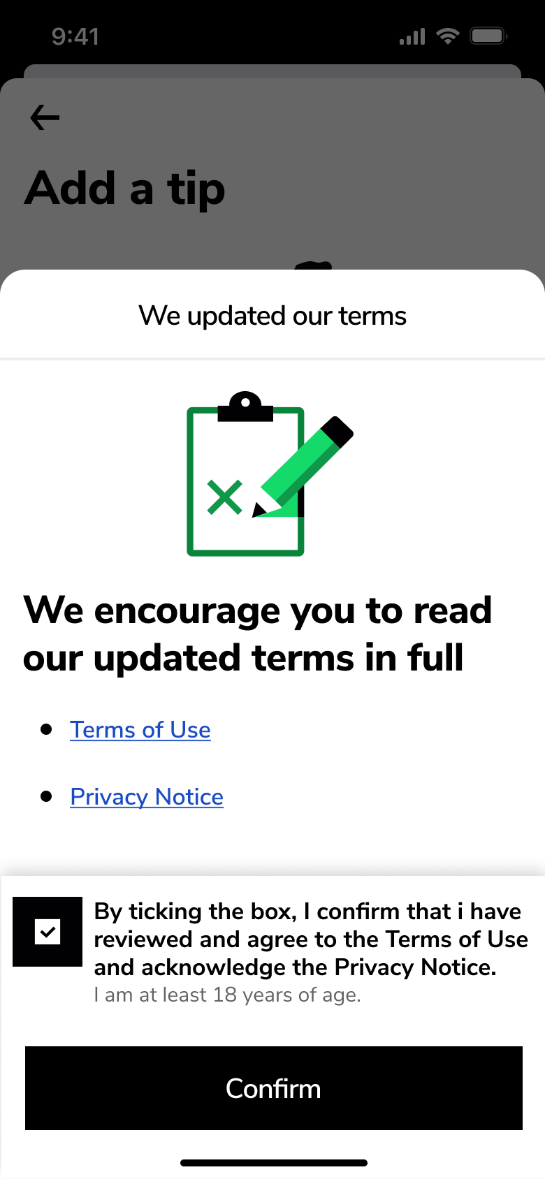 Updated terms accepted, confirm enabled.