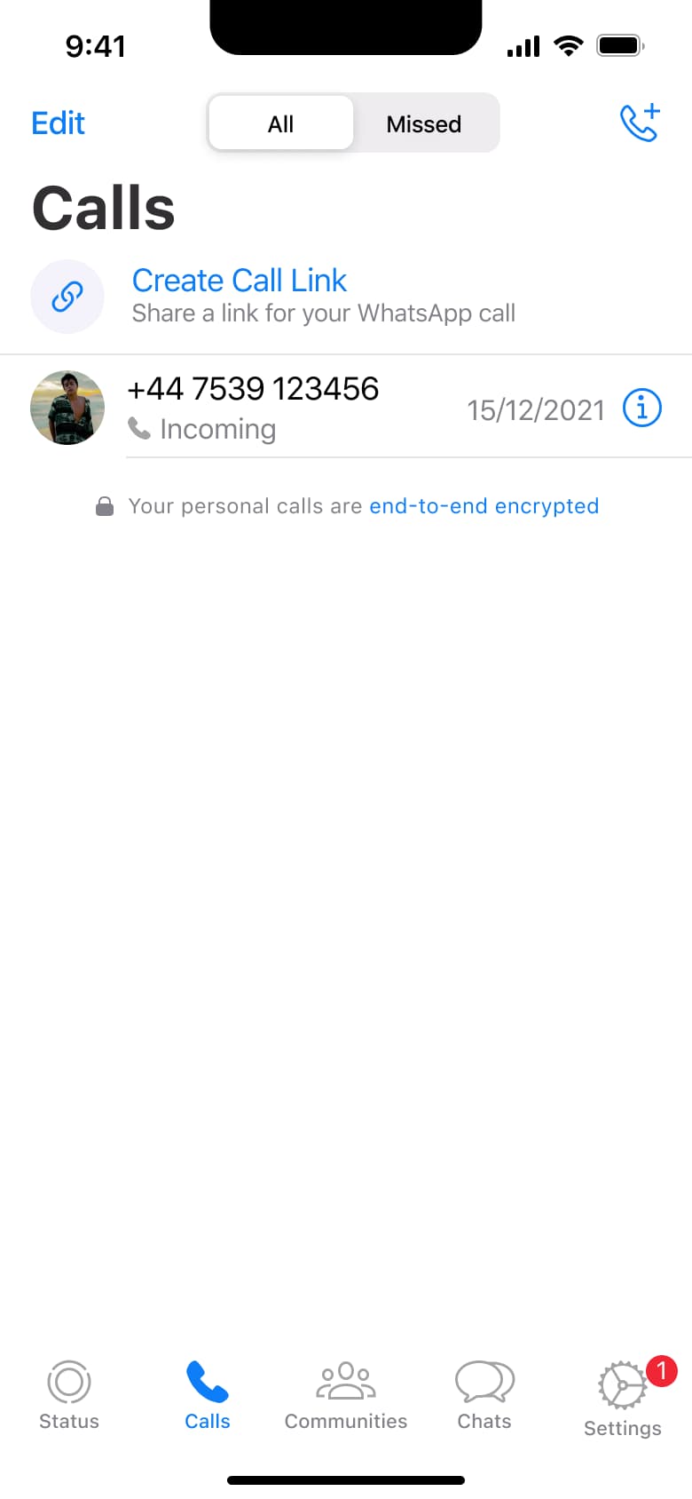 Calls: create call link and recent calls.
