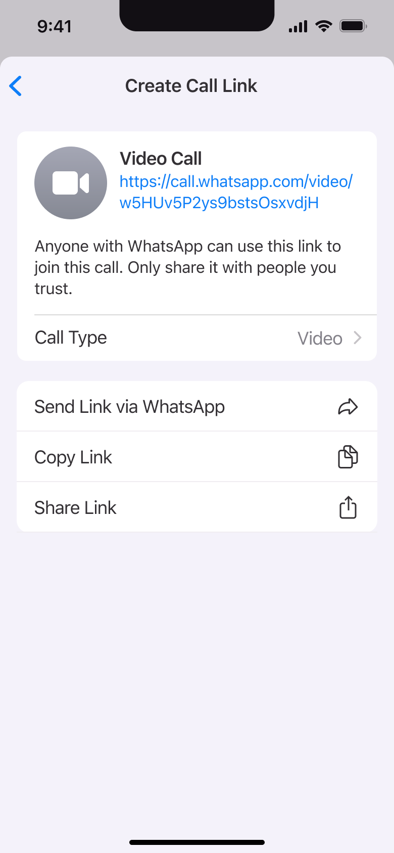 Create call link: video call link with call type, send, copy and share.