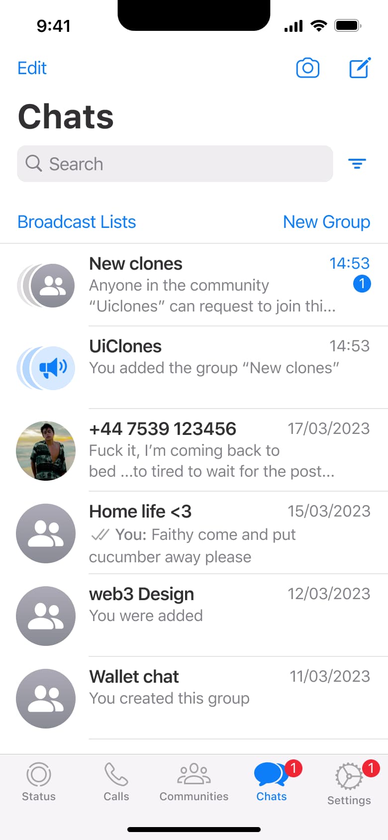 Chats: search, filter, broadcast lists, new group and conversations.