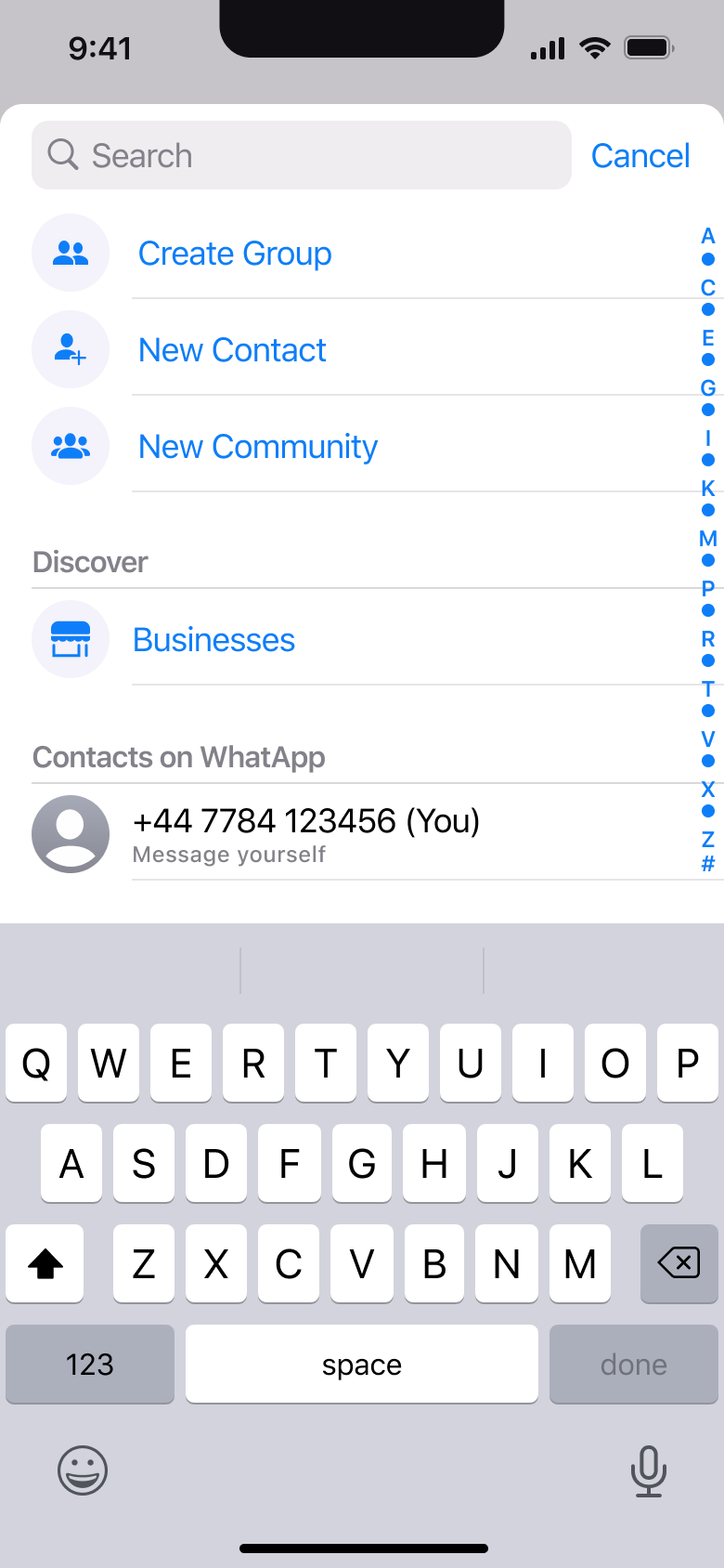 New chat search with create group, contact, community and businesses.