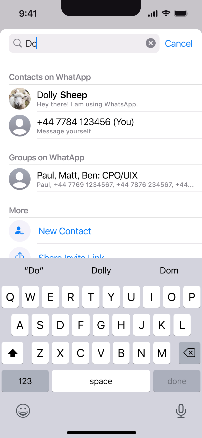 New chat search results: contacts, groups and more.