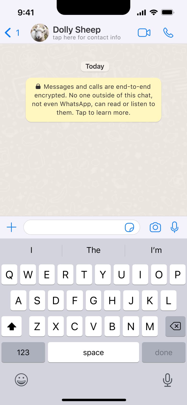 New chat with encryption notice and keyboard.