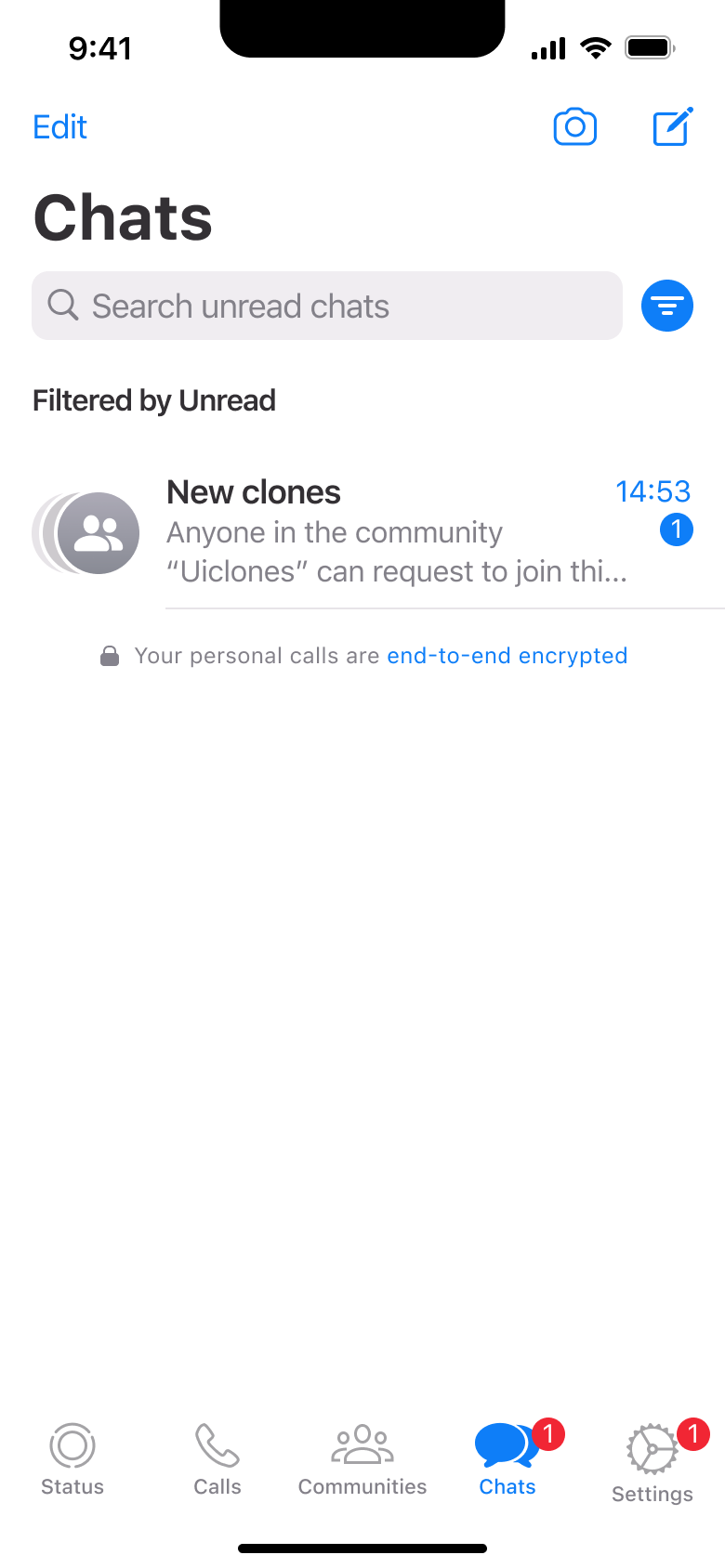 Chats filtered by unread.