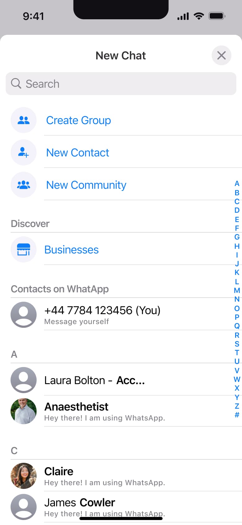 New chat: create group, new contact, new community and contacts.