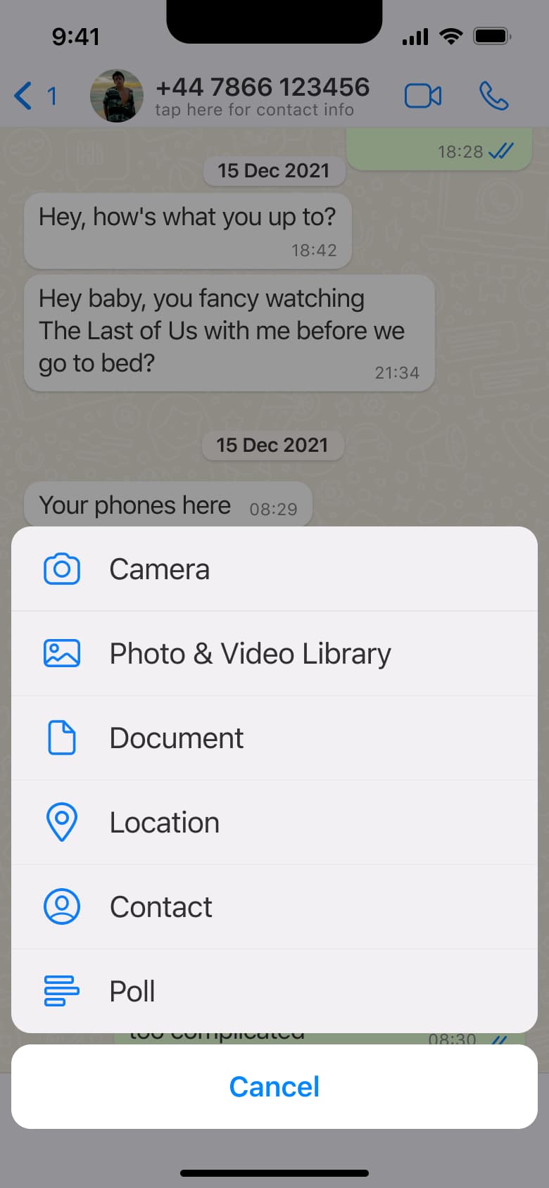 Attachment sheet: camera, library, document, location, contact and poll.