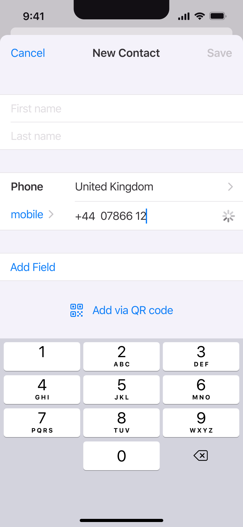 New contact phone being checked.