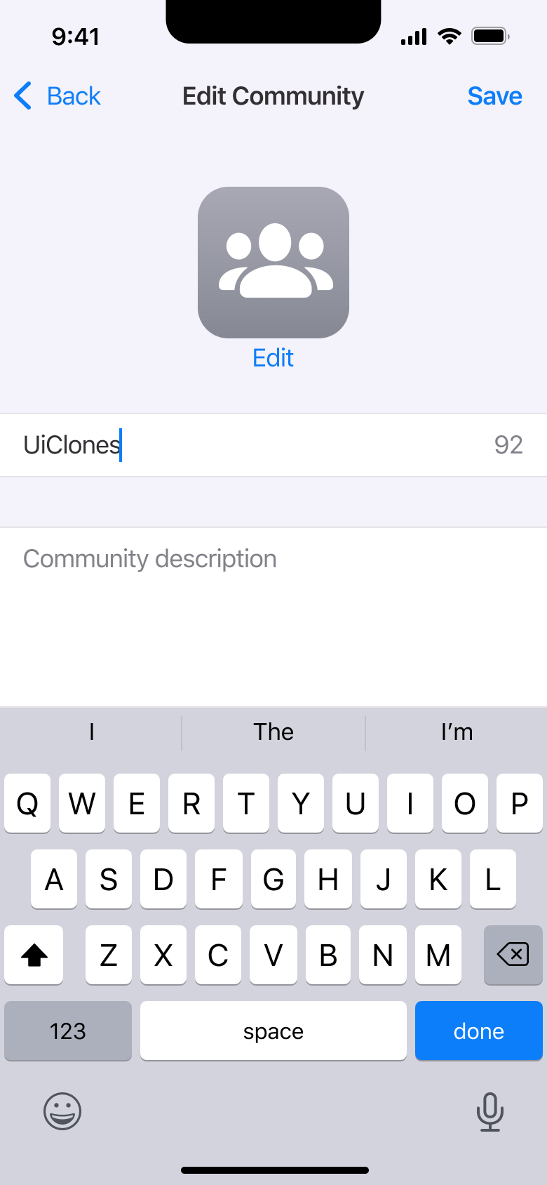 Edit community name and description.