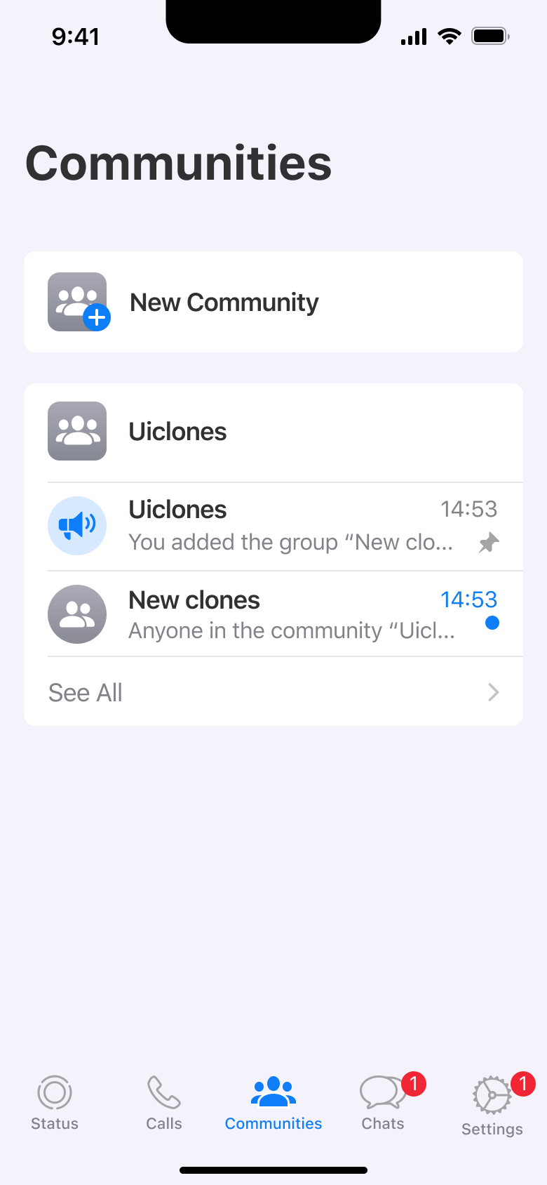 Communities tab: new community and community groups.