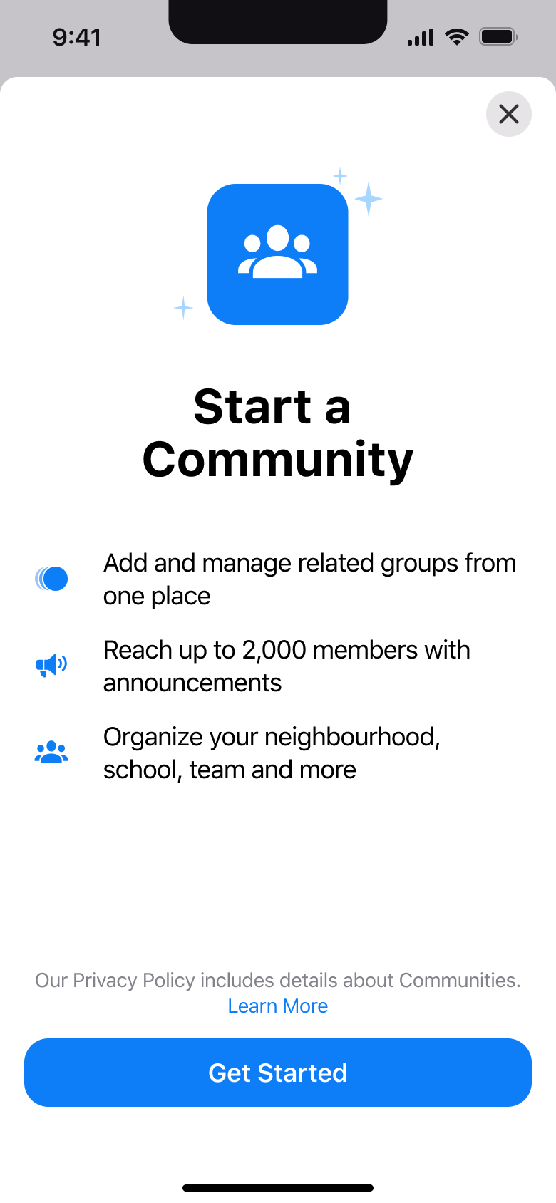 Start a community: manage groups, announcements and organise.