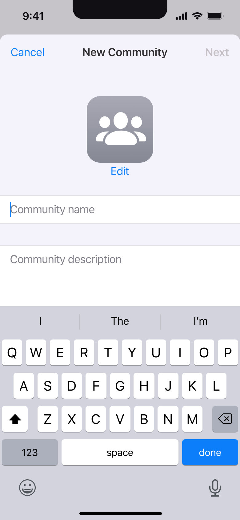 New community: name and description fields.