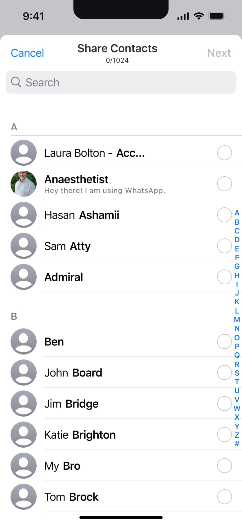 Share contacts: searchable list.