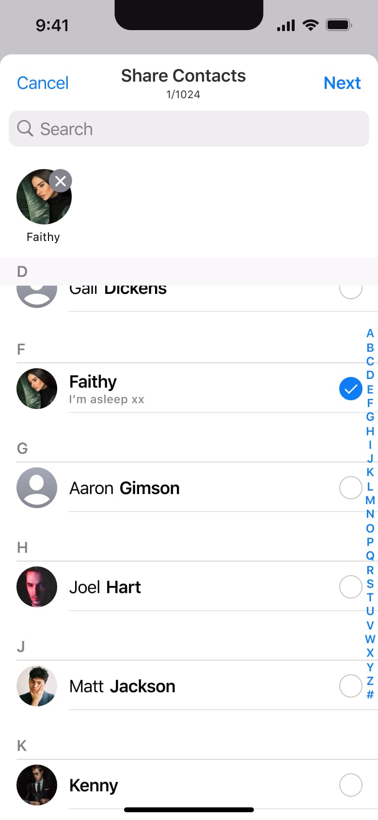 Share contacts with one selected.