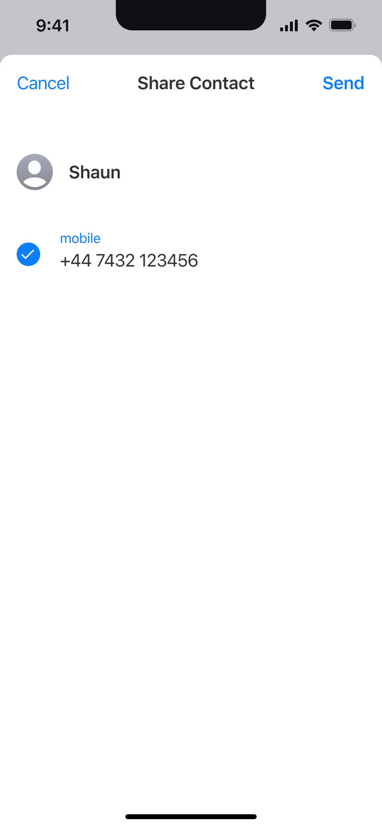 Share contact preview with phone ticked and send.
