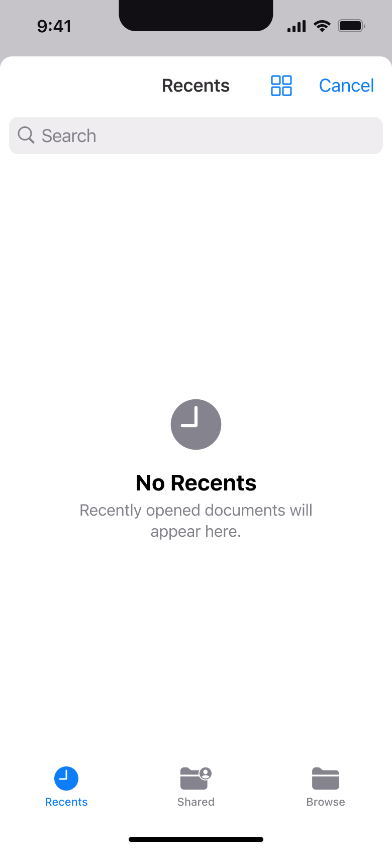 Document picker recents: no recents.