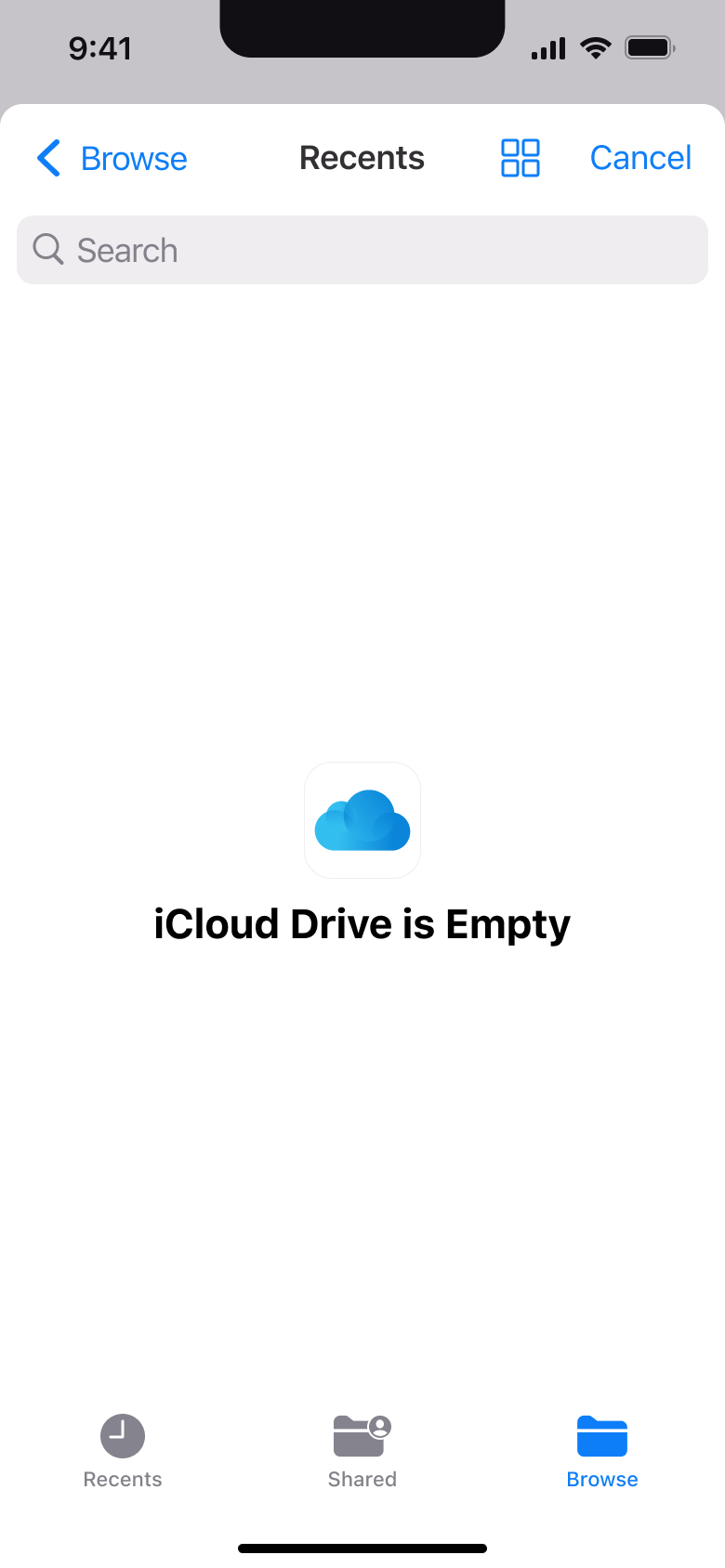 Document picker browse: cloud drive is empty.
